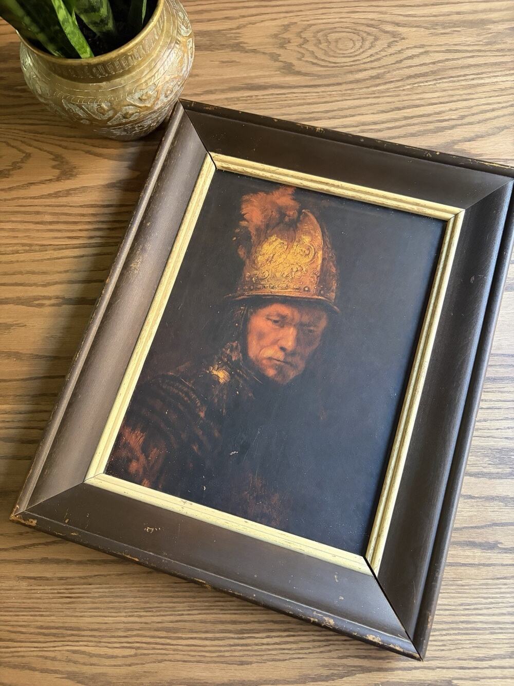 Vintage 1960s Framed 'Man With The Golden Helmet' by Rembrandt Print on Wood